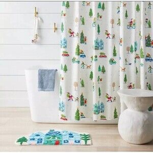 Wondershop Shower Curtain Christmas Winter Village Santa Buttonhole Top NEW